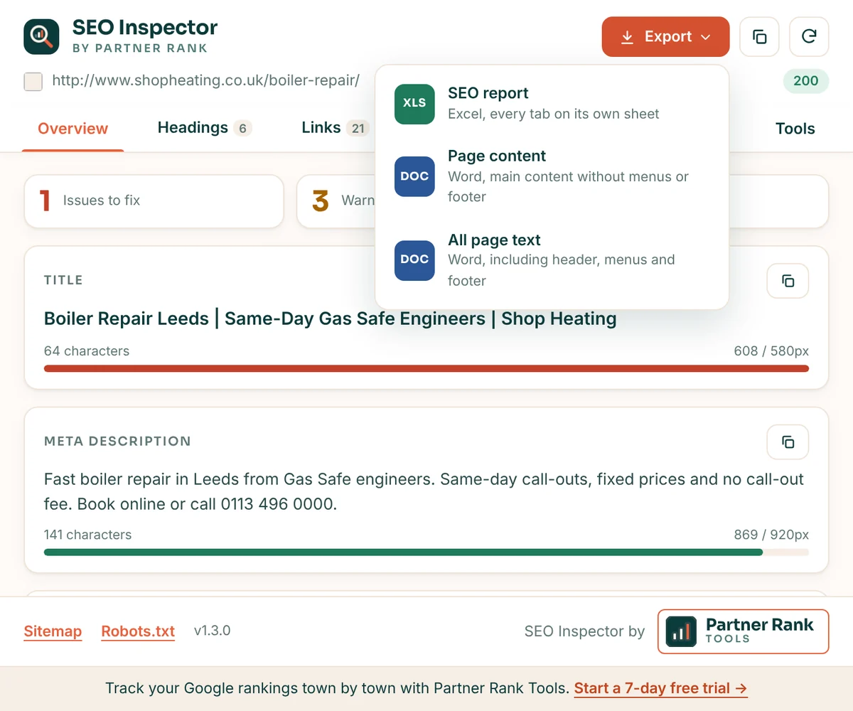 SEO Inspector export menu with options for an Excel SEO report and Word documents of the page content