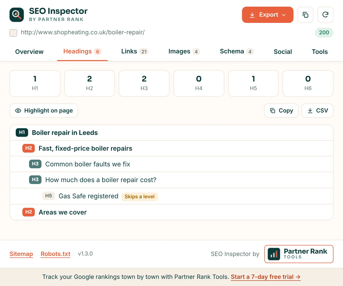 SEO Inspector headings tab showing an H1 to H5 outline with a skipped heading level flagged