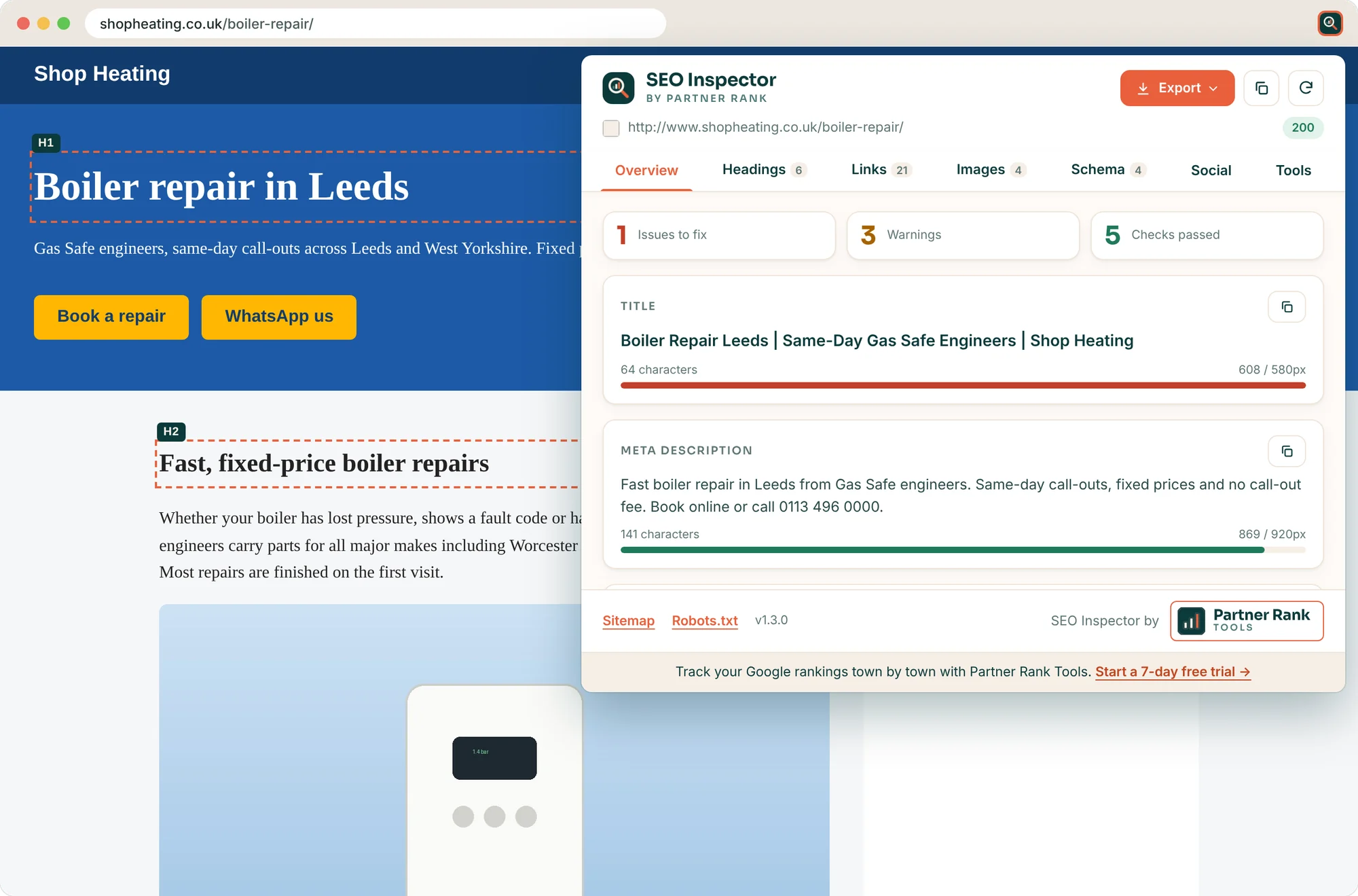 SEO Inspector open over a website, showing the issue count, title and meta description checks, with the page's H1 and H2 headings outlined on the page