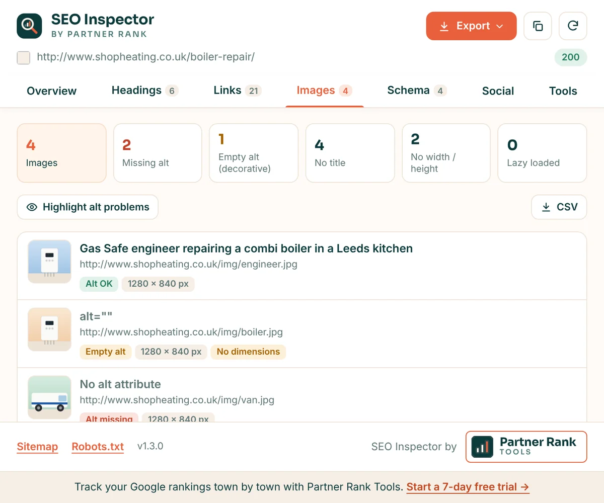 SEO Inspector images tab showing images with alt text OK, empty alt and missing alt labels