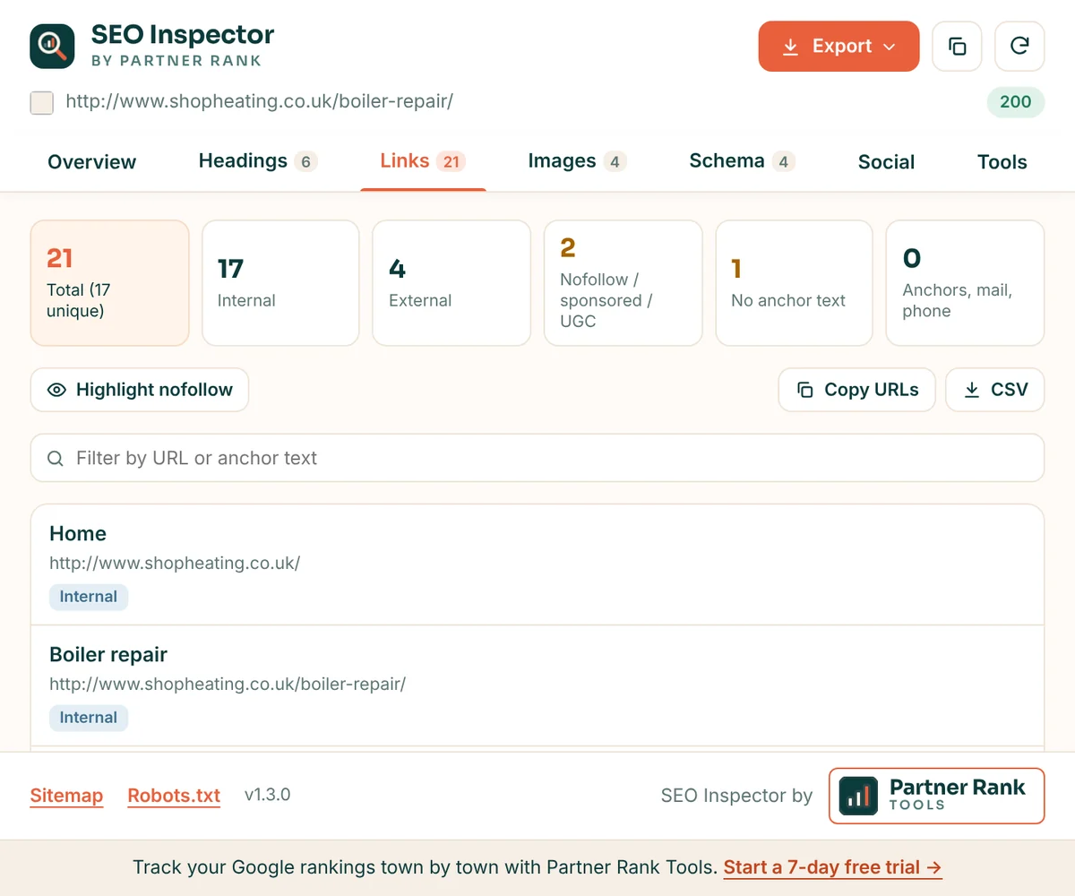SEO Inspector links tab listing 21 links with counts for internal, external, nofollow and links with no anchor text