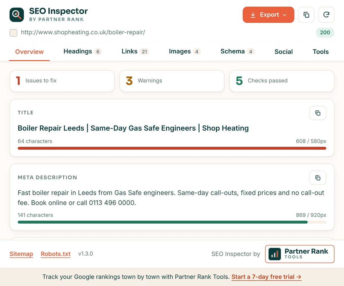 SEO Inspector overview tab showing 1 issue, 3 warnings and 5 passed checks, with title and meta description length meters