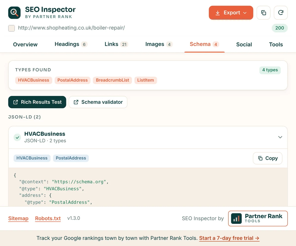 SEO Inspector schema tab listing HVACBusiness, PostalAddress, BreadcrumbList and ListItem types with buttons for the Rich Results Test and Schema validator