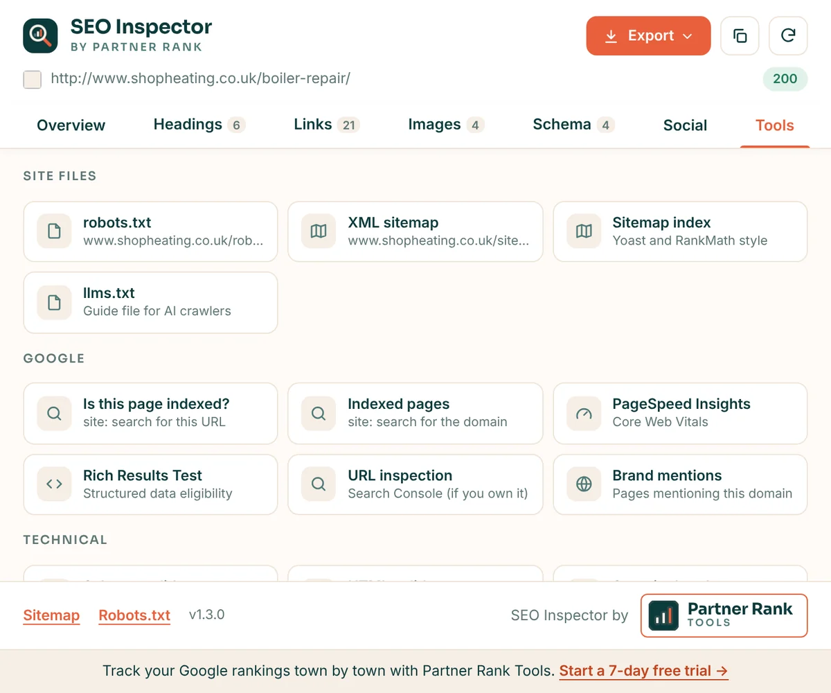 SEO Inspector tools tab with shortcuts to robots.txt, XML sitemap, llms.txt, site: search, PageSpeed Insights, Rich Results Test and URL inspection